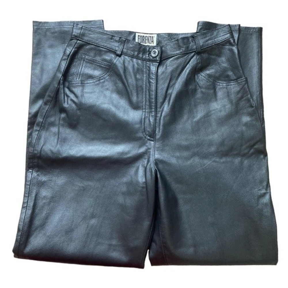Vintage Forenza Black Leather High Rise Straight Leg Pants, size 14